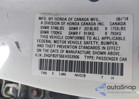2014 Honda Civic Lx z USA, uszkodzony, nr VIN 2HGFB2F56EH553906